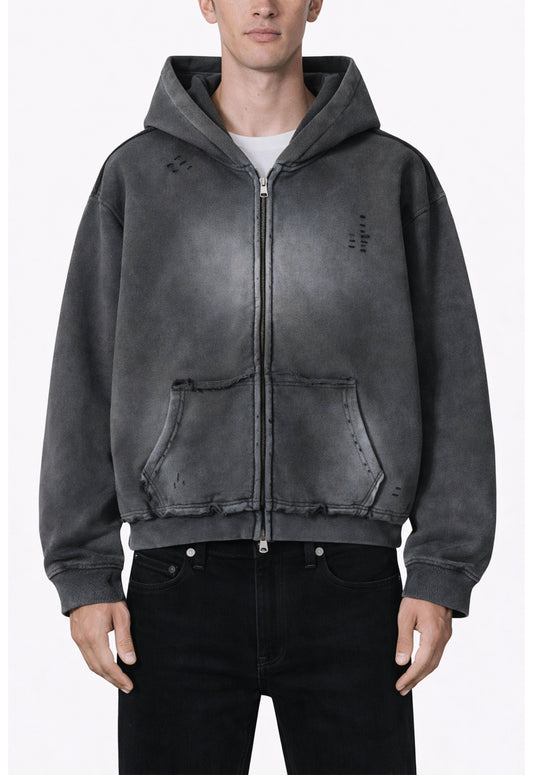 CHARCOAL DISTRESSED ZIP HOODIE