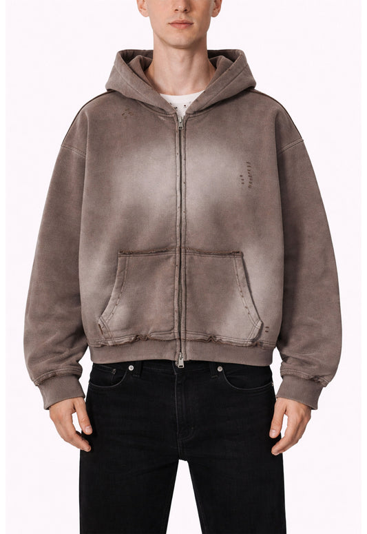 BROWN DISTRESSED ZIP HOODIE