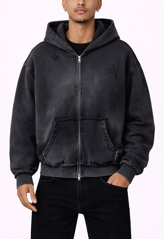 NOIR DISTRESSED ZIP HOODIE
