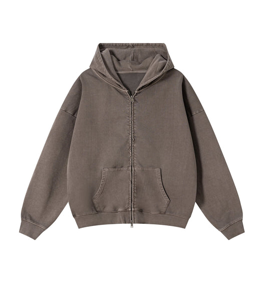 BROWN VINTAGE WASH ZIP HOODIE