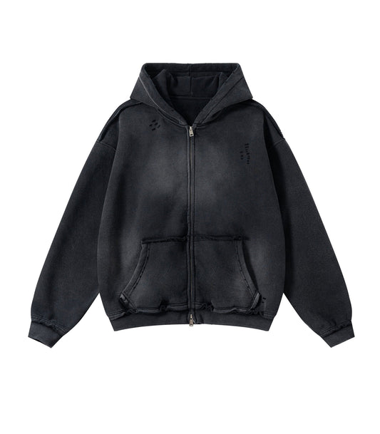 NOIR DISTRESSED ZIP HOODIE