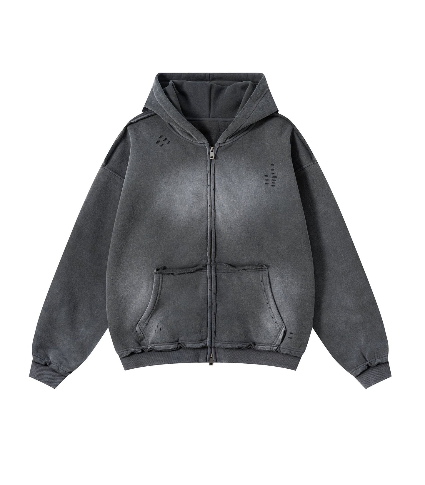 CHARCOAL DISTRESSED ZIP HOODIE