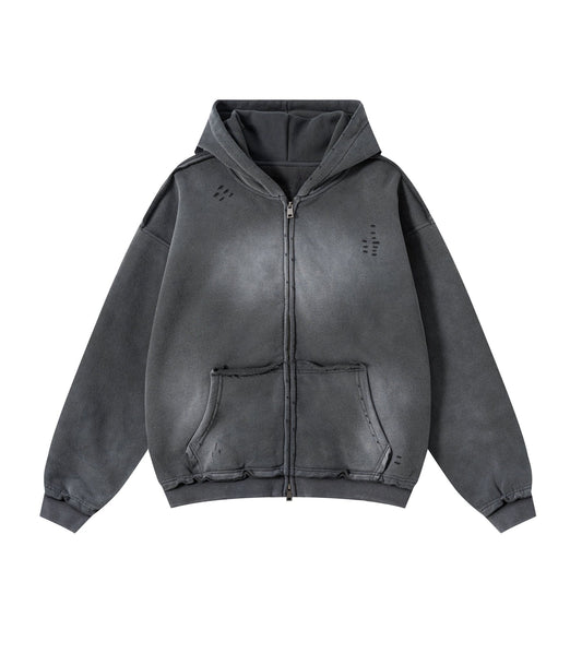 CHARCOAL DISTRESSED ZIP HOODIE