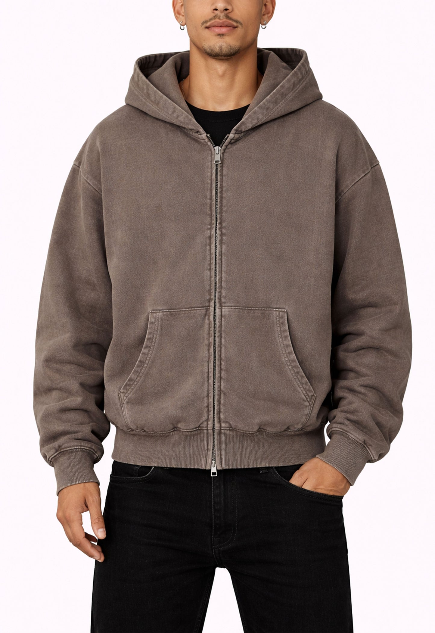 BROWN VINTAGE WASH ZIP HOODIE